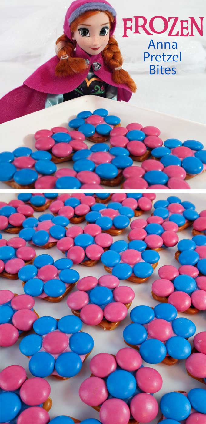 These pretty Anna Pretzel Bites will be a hit at your Frozen Birthday Party - so easy to make and delicious too. They are yummy bites of Frozen themed sweet and salty goodness all dressed up in pink and blue just like Princess Anna. Follow us for more fun Frozen Party Ideas.