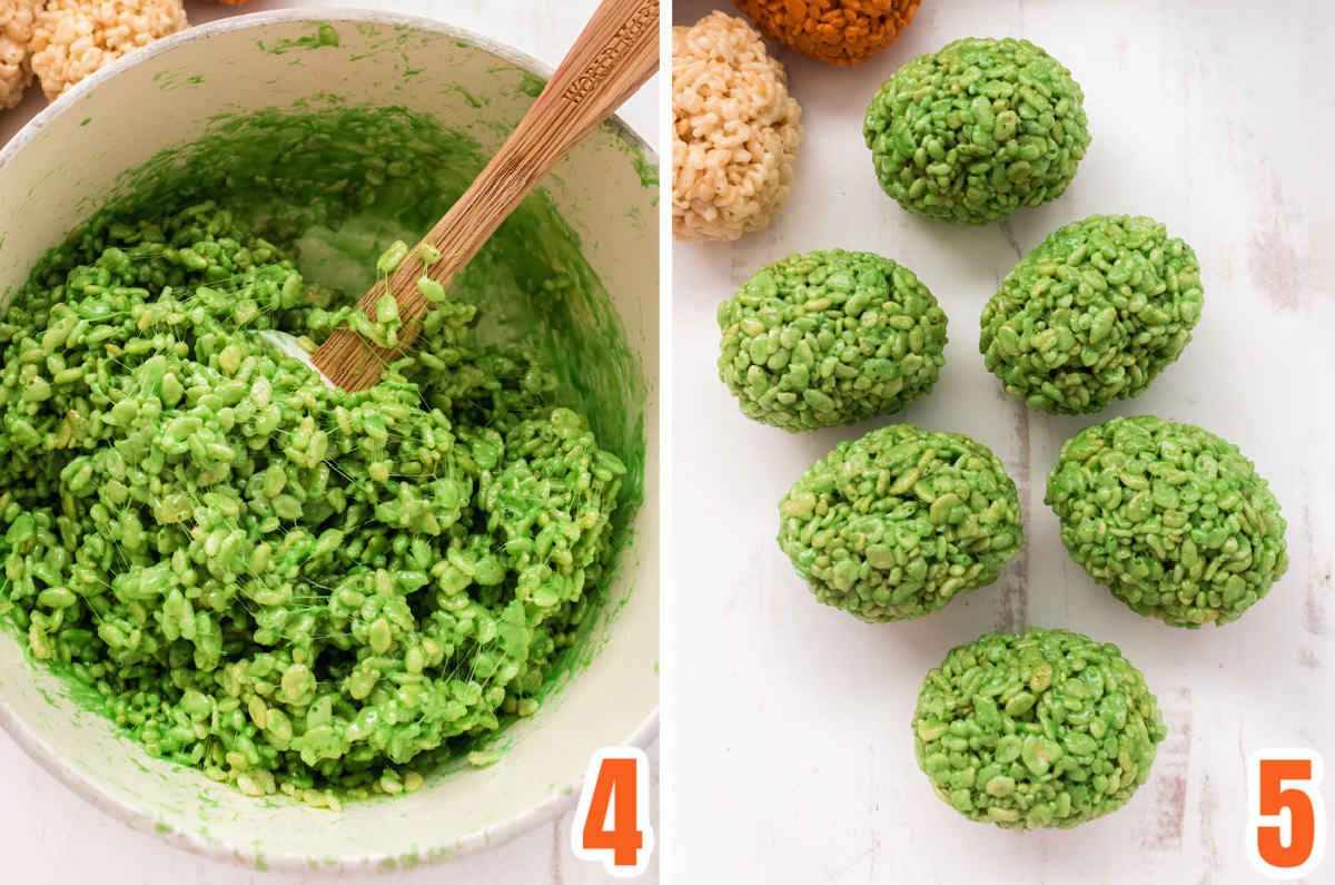 Collage image showing how to make green Rice Krispie Treat mixture.