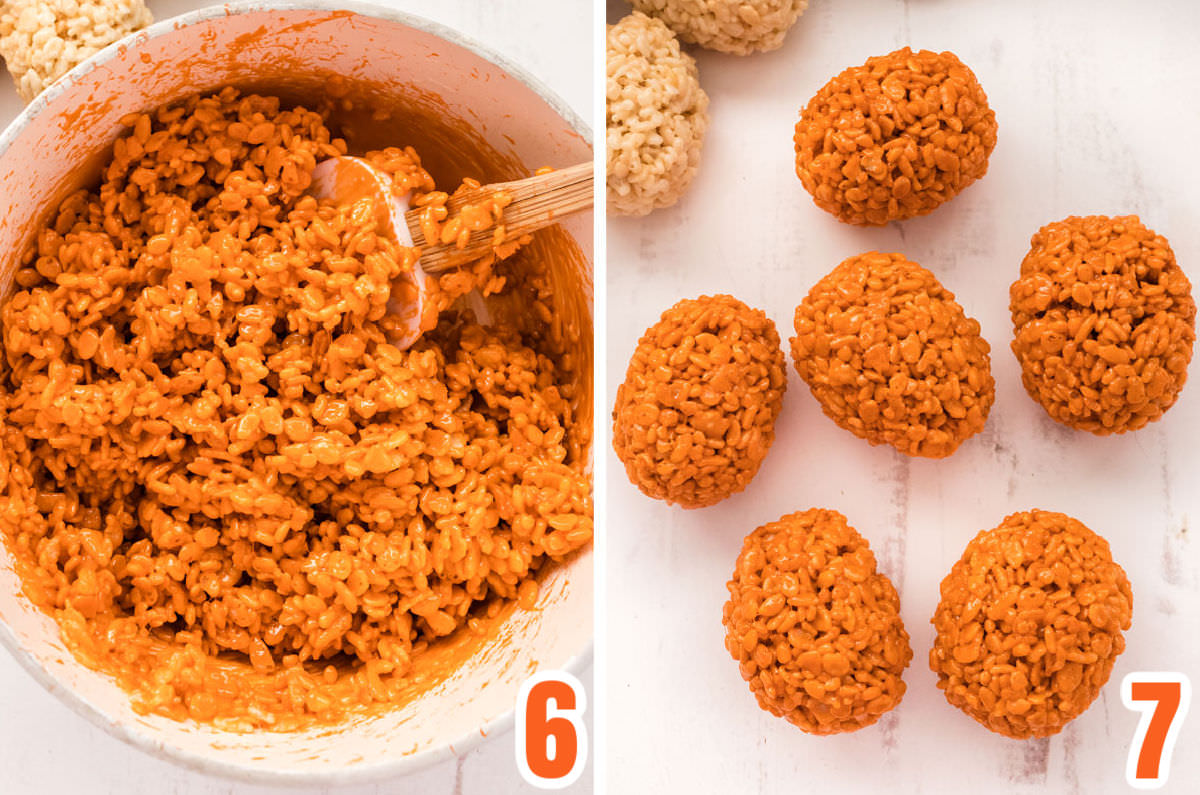 Collage image showing how to make orange Rice Krispie Treat mixture.