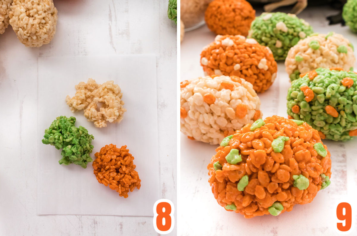 Collage image showing the steps for adding the Rice Krispie speckles to the Dinosaur Eggs.