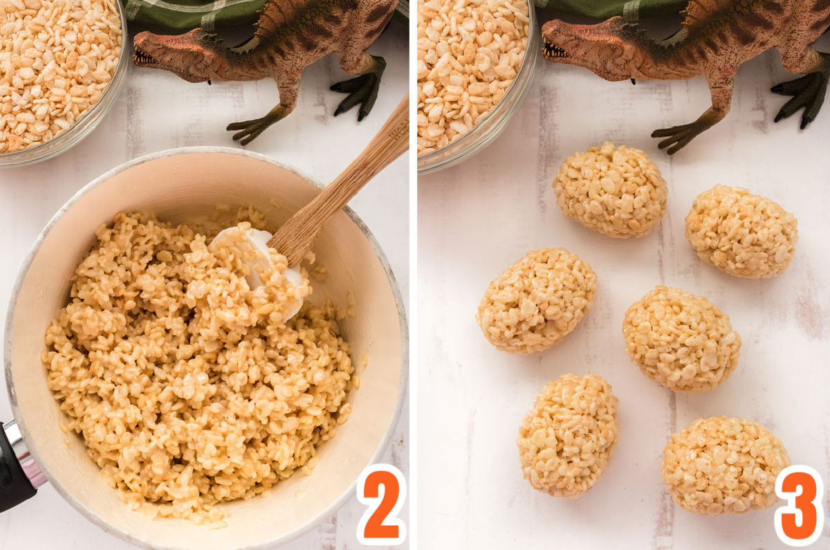 Collage image showing how to make Dinosaur Eggs out of Rice Krispie Treat mixture.