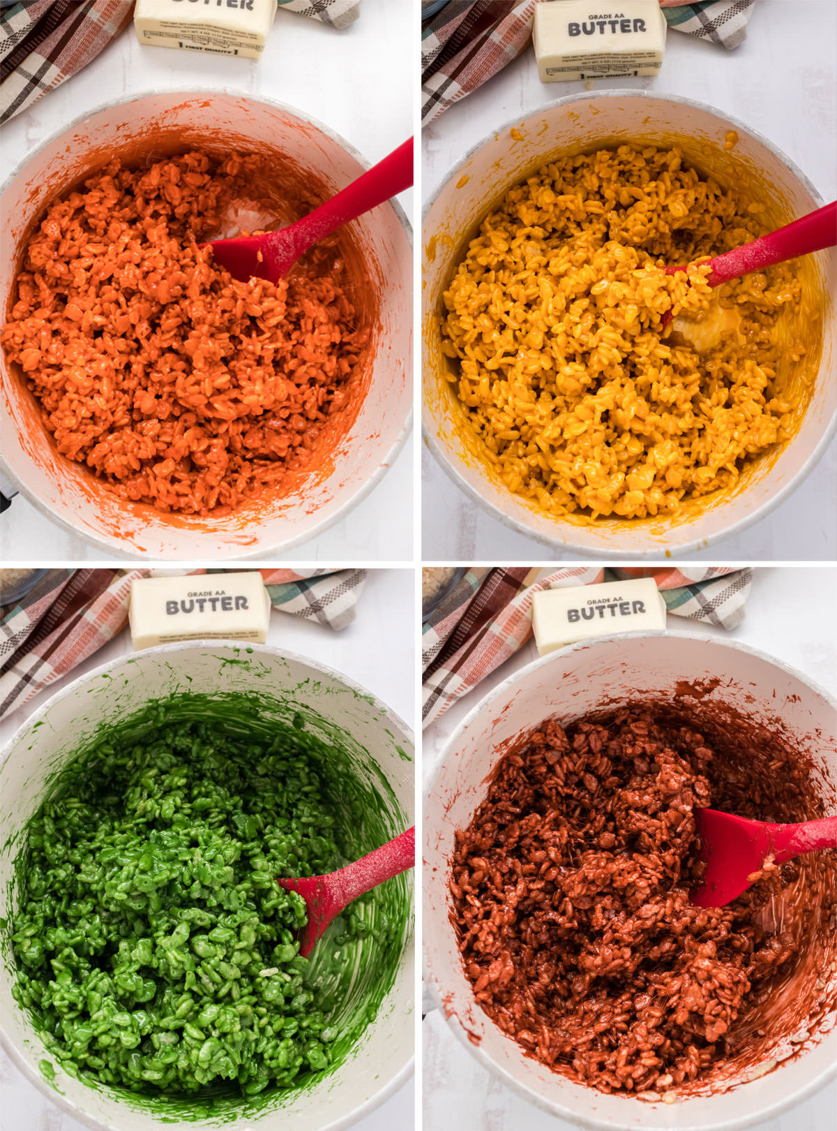 Collage image showing how to color the Rice Krispie Treat mixture in Fall Autumn Colors.