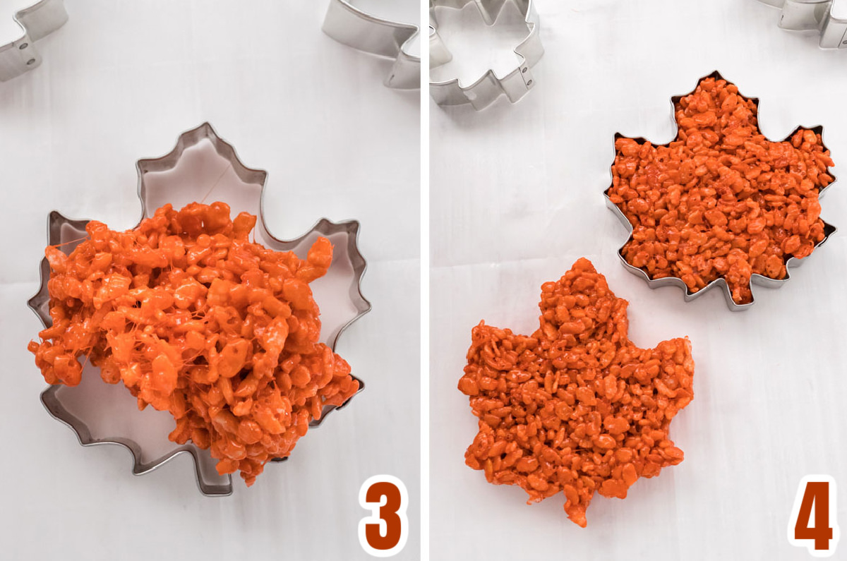 Collage image showing how to mold the Rice Krispie Treat mixture in the leaf cookie cutters.