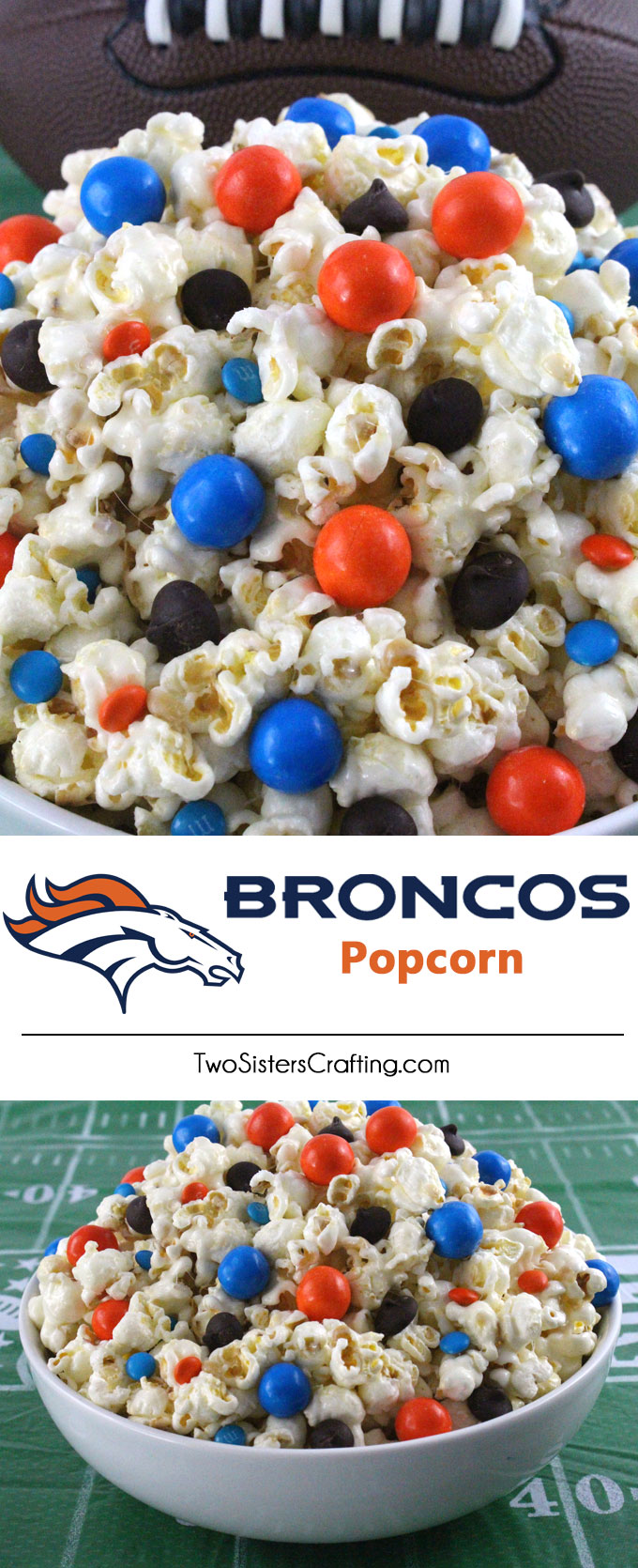 Denver Broncos Popcorn for those Denver Broncos fans in your life. Sweet, salty, crunchy and delicious and it is extremely easy to make. This delicious popcorn will be perfect at your next game day football party. a NFL playoff party or a Super Bowl party. Follow us for more fun Super Bowl Food Ideas.