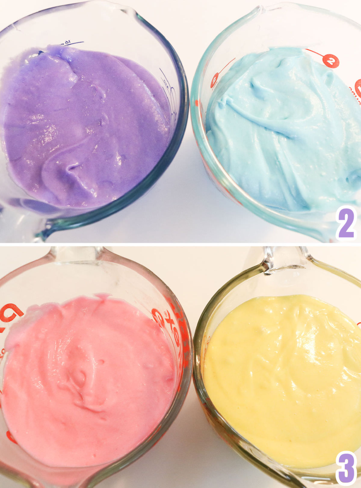 Four measuring cups filled with cupcake batter tinted purple, blue, pink and yellow.