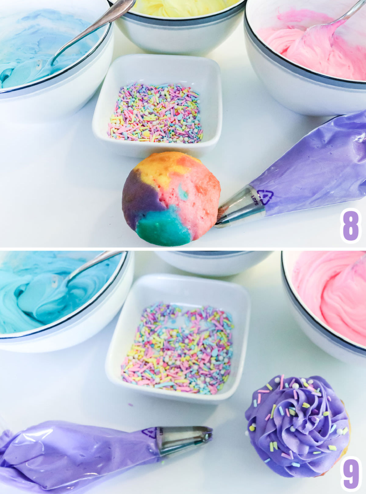 Collage image showing how to frost the Celebration Marble Cupcakes using a decorating bag and a 2D frosting tip.