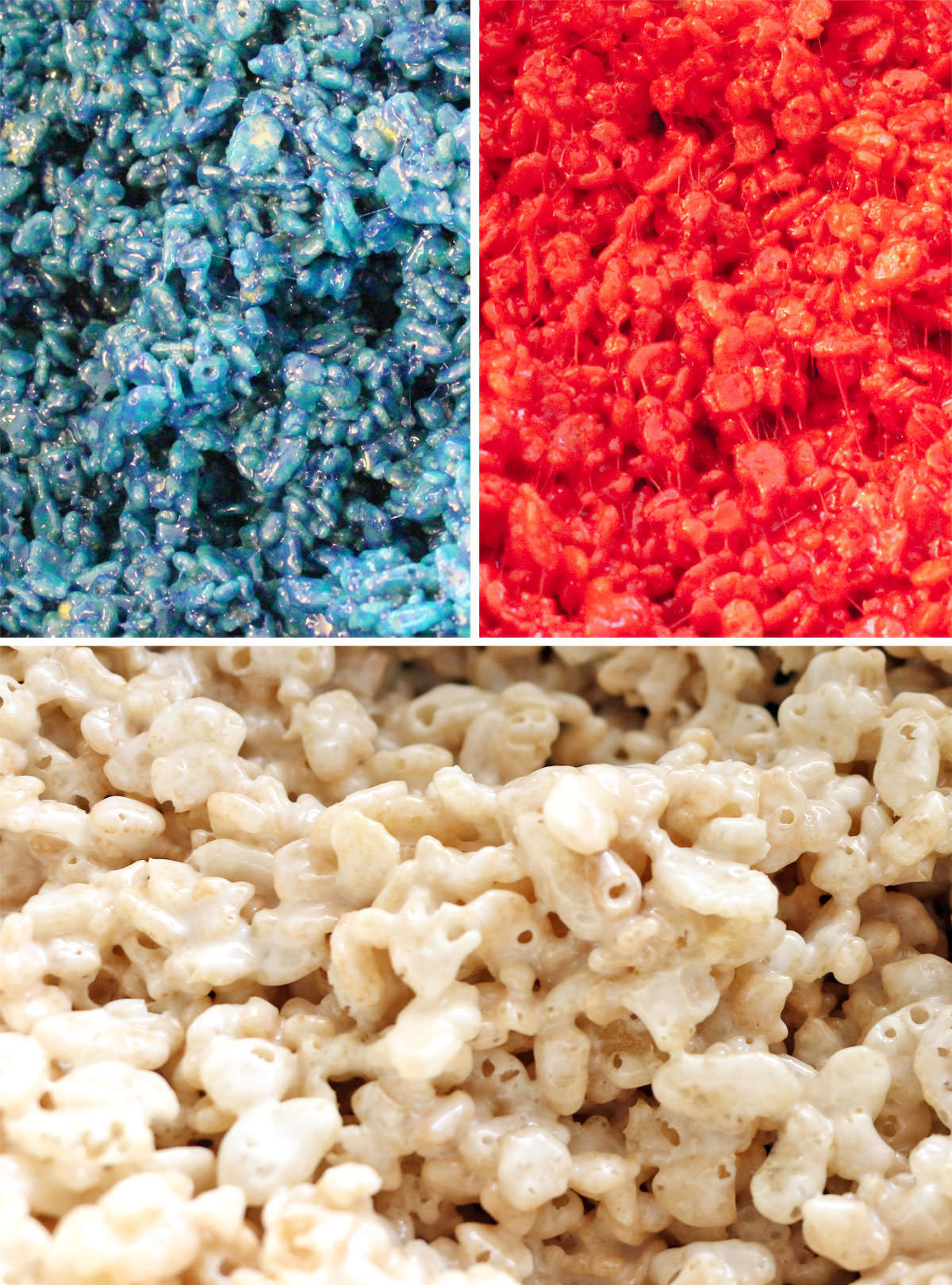 Collage image showing how to color the Rice Krispie Treat mixture Blue, Red and White.