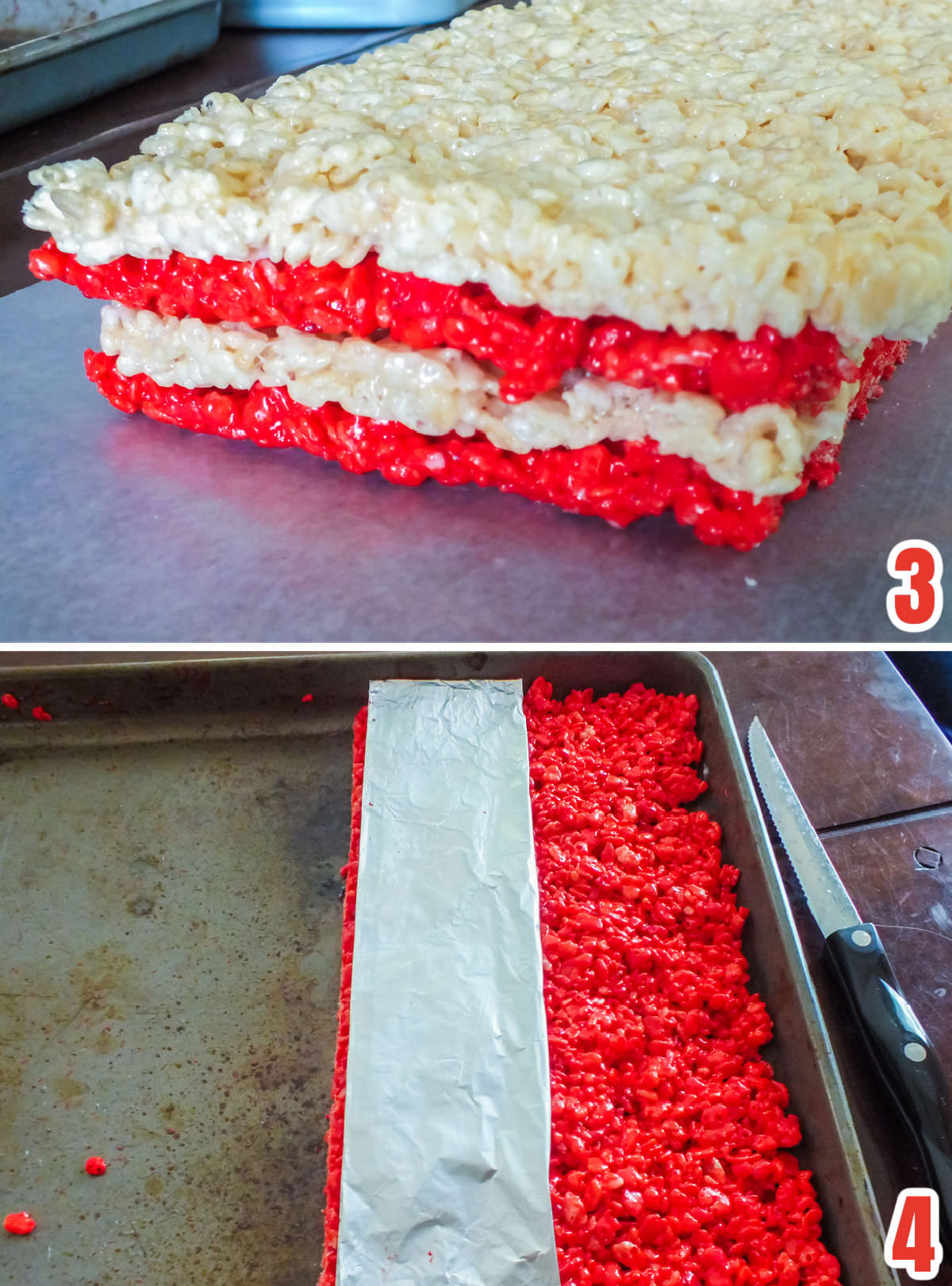 Collage image showing how to cut the red and white Rice Krispie Treat mixture in the cookie sheet.