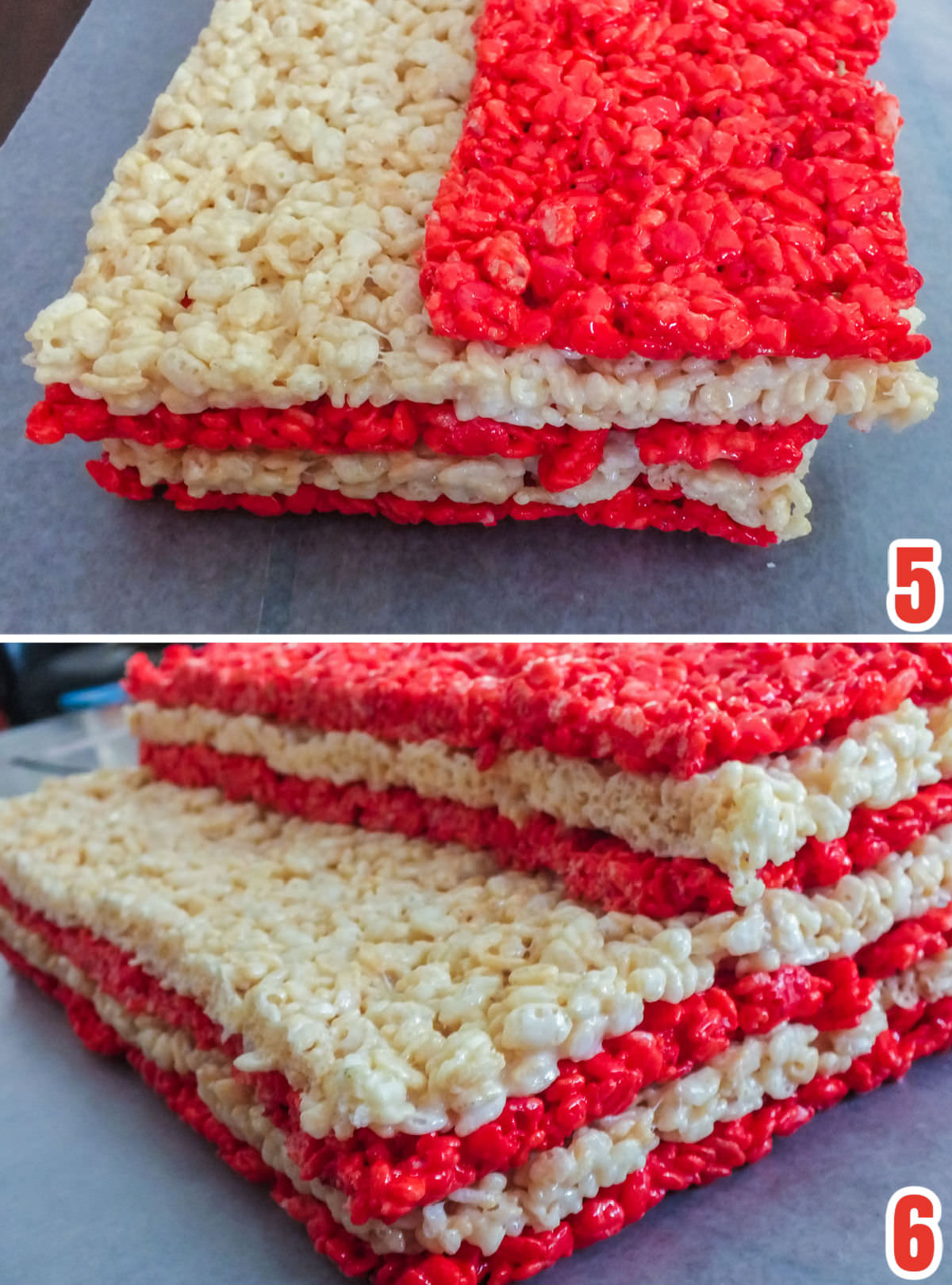 Collage image showing how to layer the white and red rice krispie treat layers to create the stripes of the American Flag.