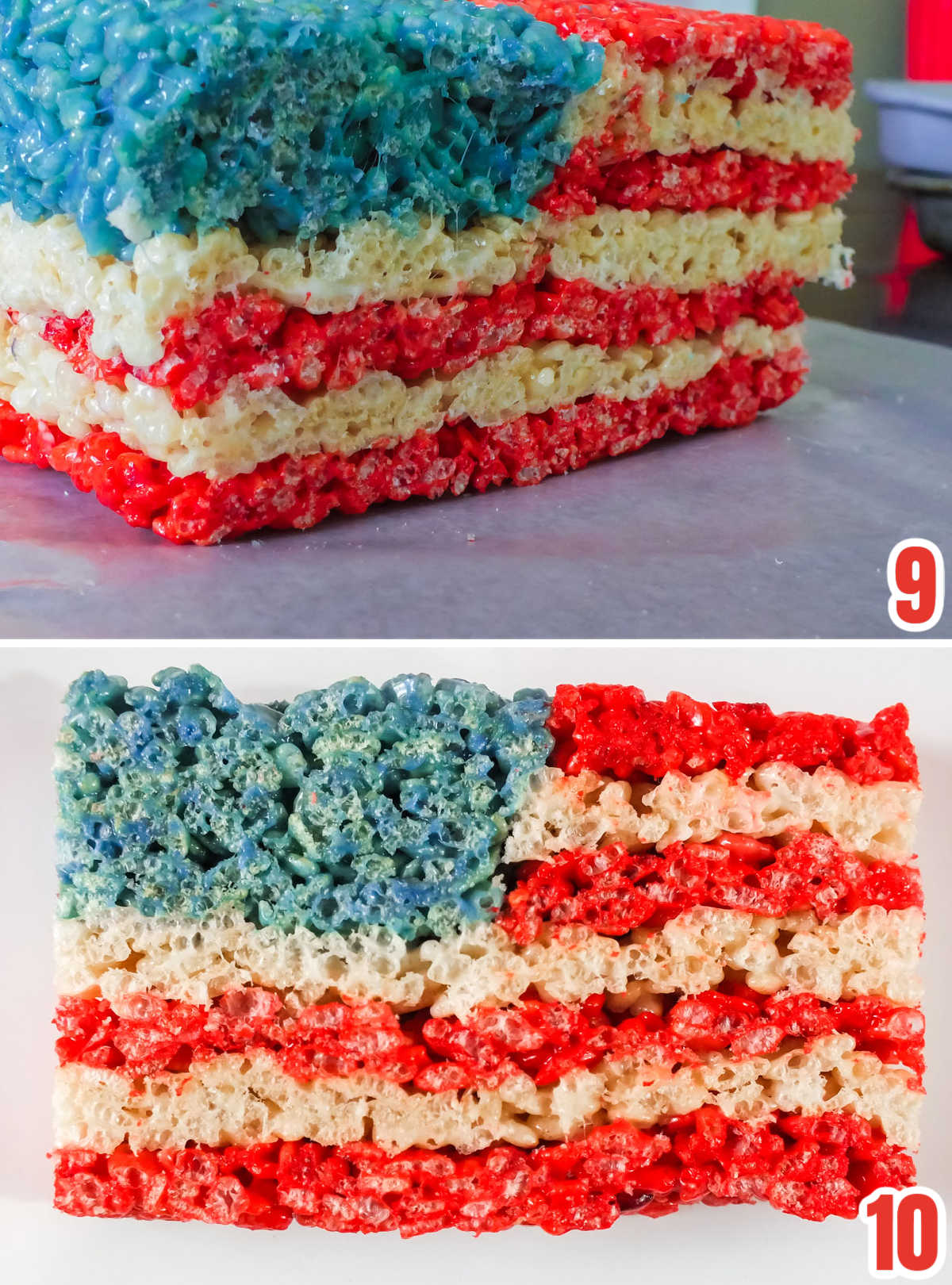 Collage image showing how to create the 4th of July Rice Krispie Treats by slicing them into individual pieces.