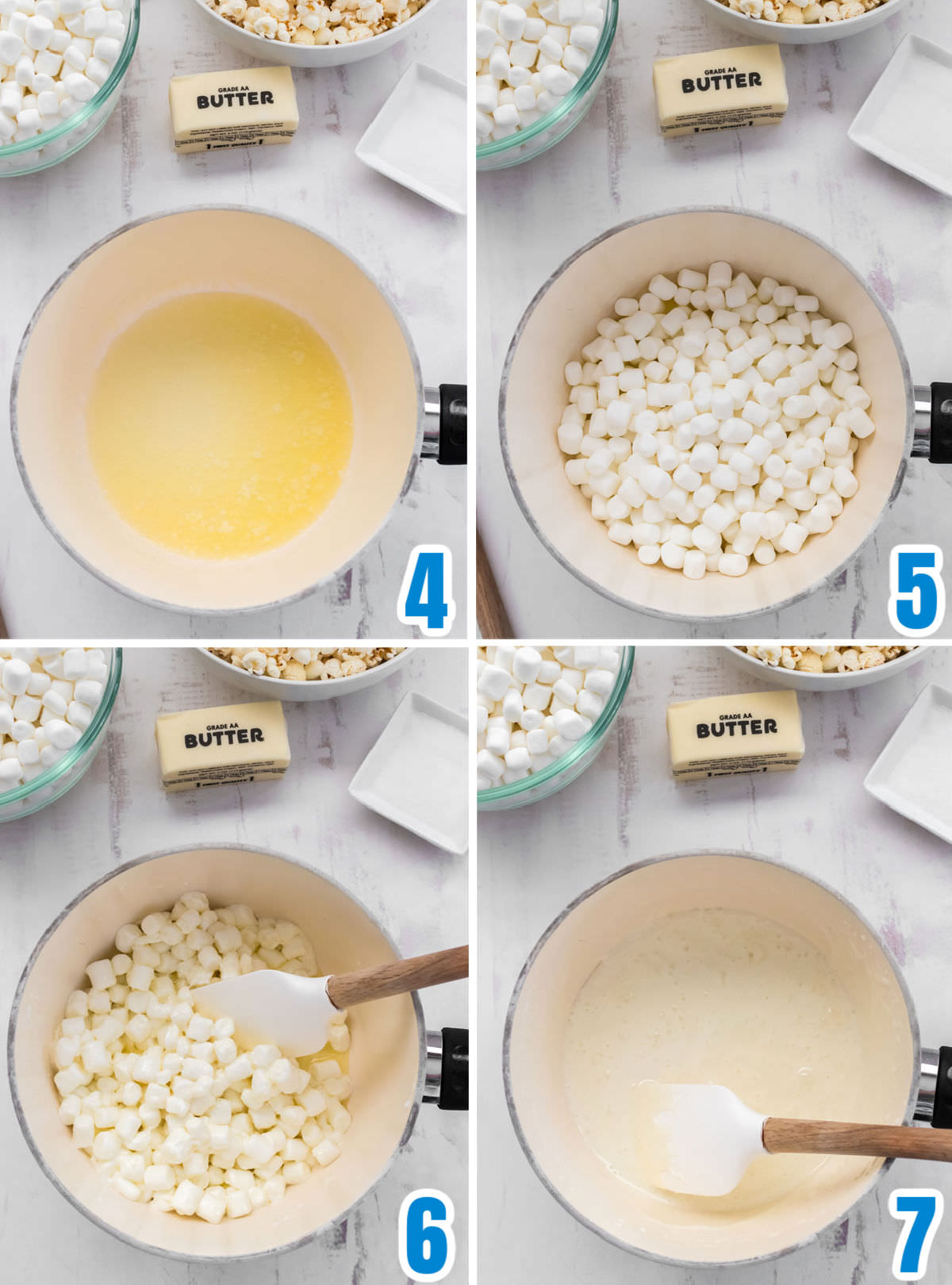 Collage image showing how to make the marshmallow mixture for the Cookie Monster Popcorn.