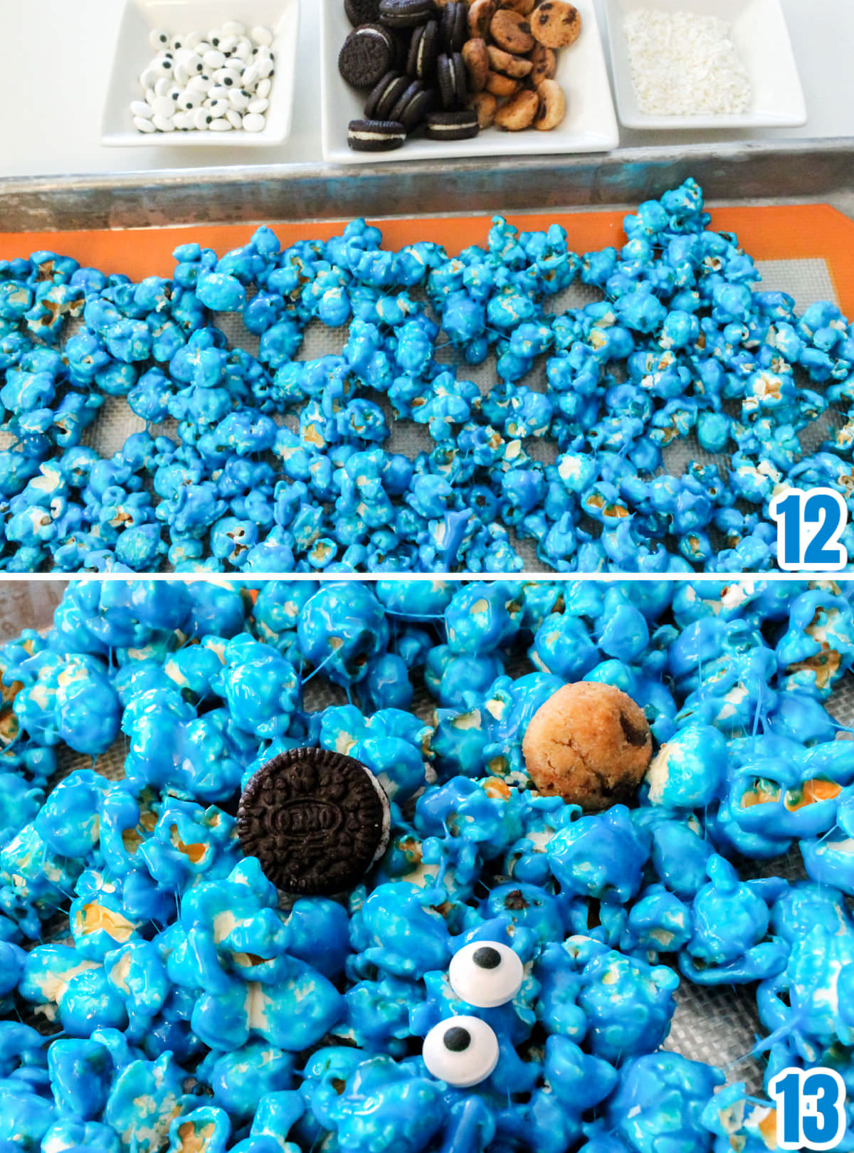 Collage image showing how to add the Candy Mixins to the Cookie Monster Popcorn.