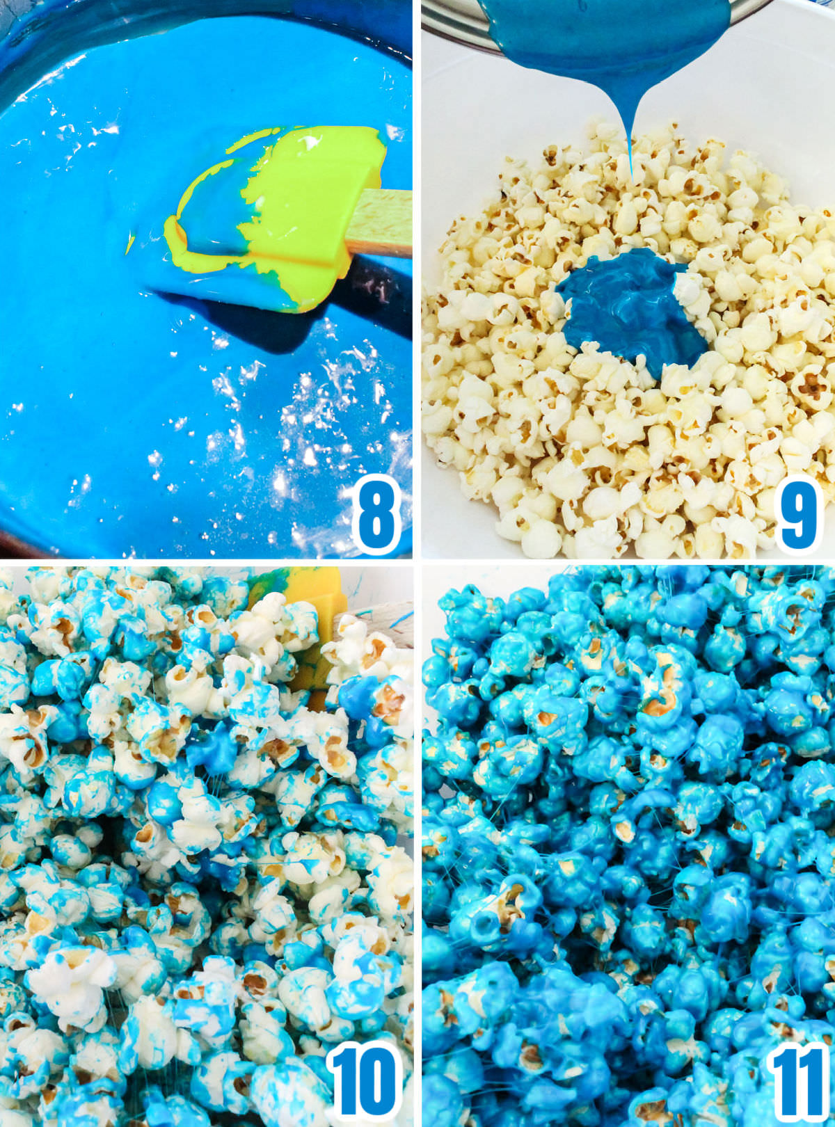 Collage image showing how to add the blue marshmallow mixture to the popcorn.