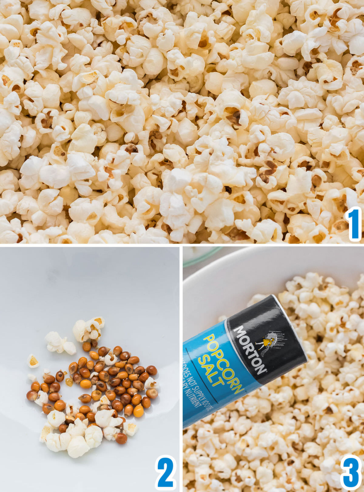 Collage image showing how to make the salted homemade popcorn for the Cookie Monster Popcorn.