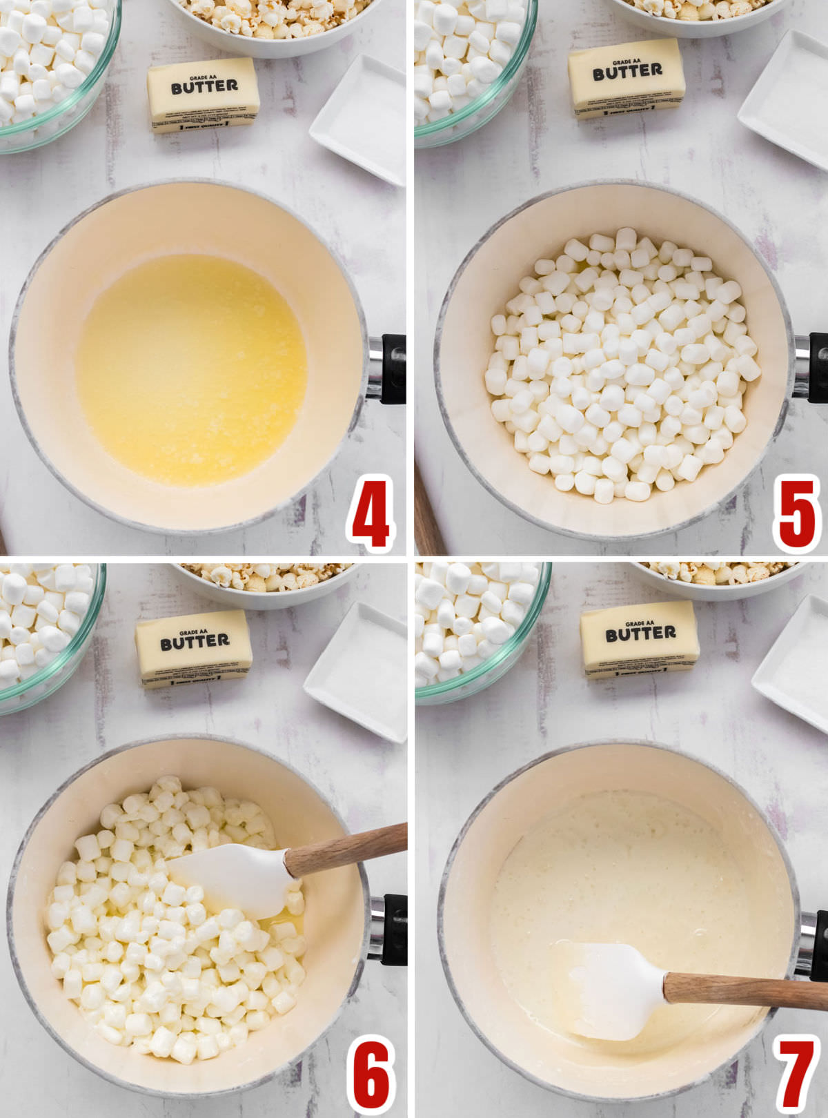 Collage image showing how to make the marshmallow mixture for the Fruity Pebbles Popcorn.