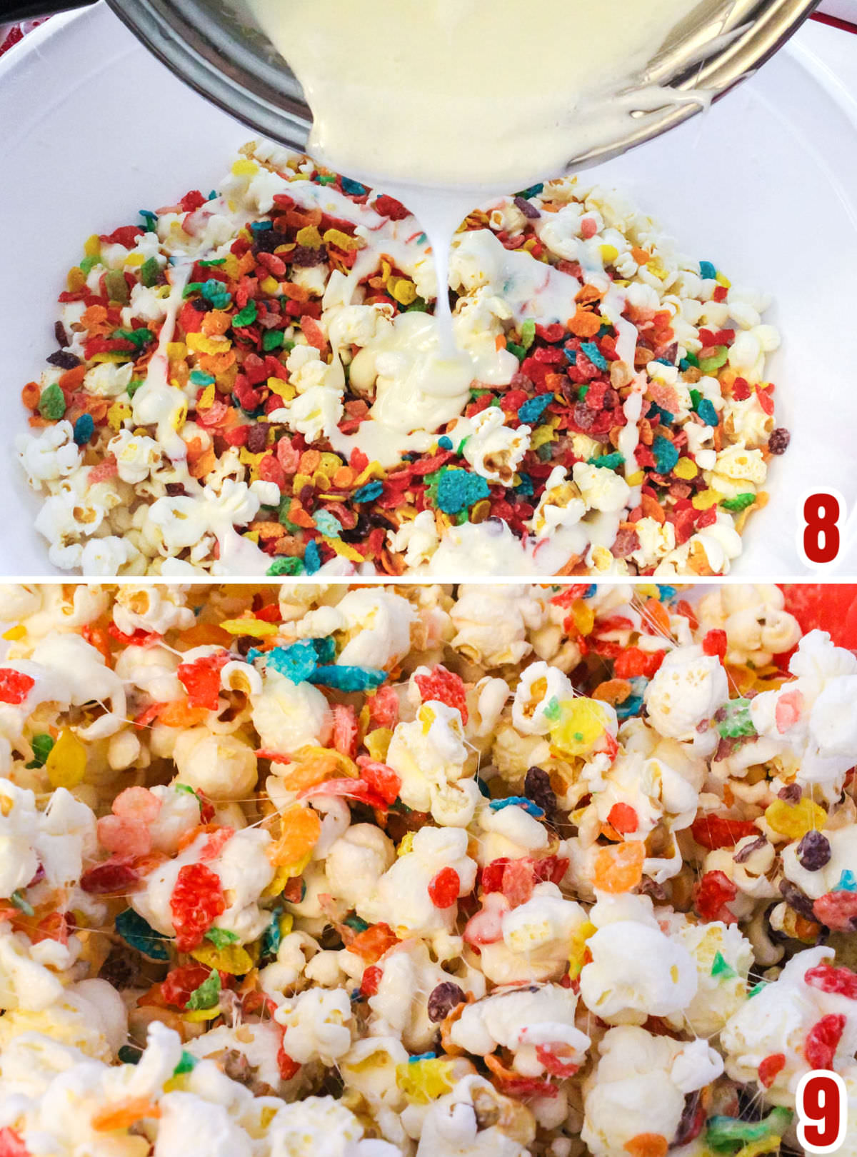 Collage image showing how to mix the marshmallow mixture with the popcorn and the Fruity Pebbles Cereal.