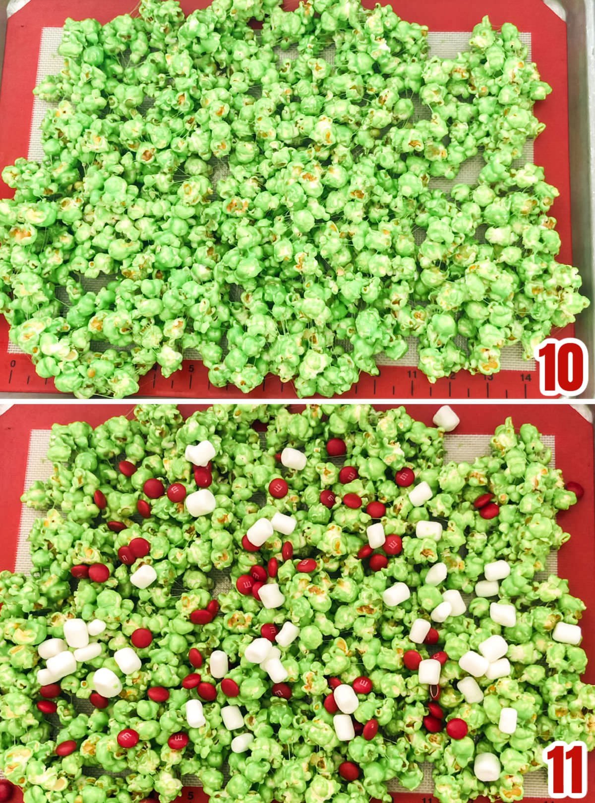 Collage image showing how to add the candy mixins to the Grinch Popcorn.