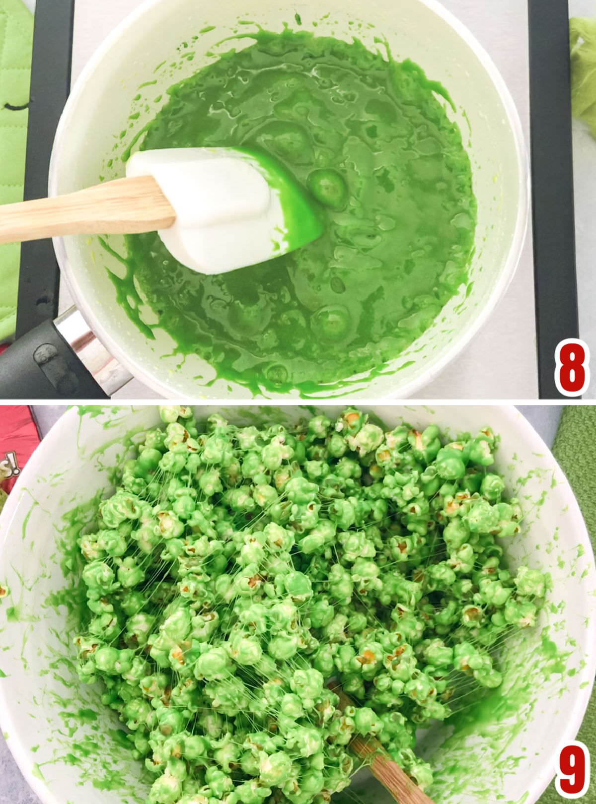 Collage image showing how to color the marshmallow mixture and use it to cover the popcorn.