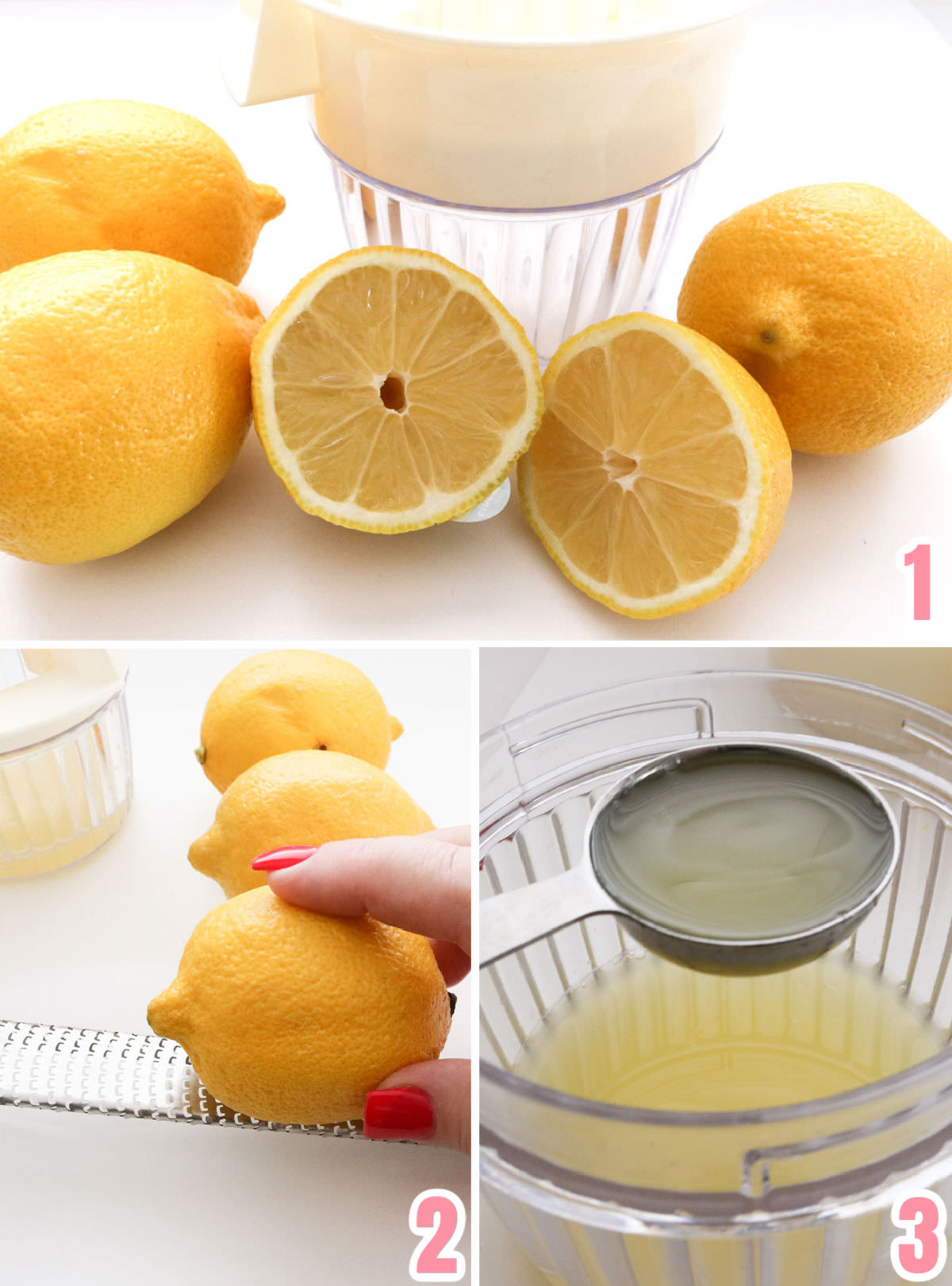 Collage image showing how to juice and zest lemons for the Lemon Crinkle Cookies.