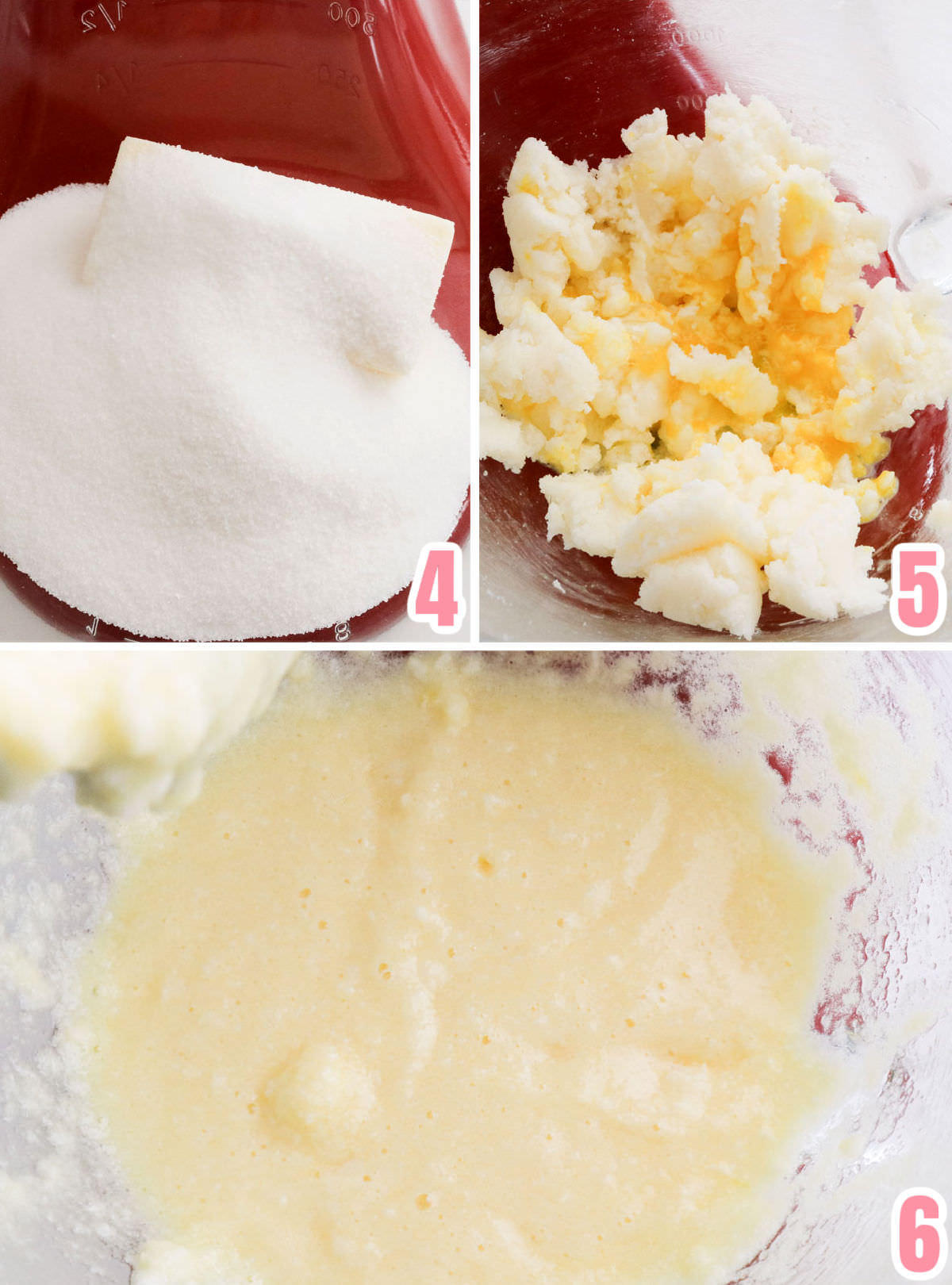 Collage image showing how to cream the butter, sugar and eggs for the Lemon Crinkle Cookies.