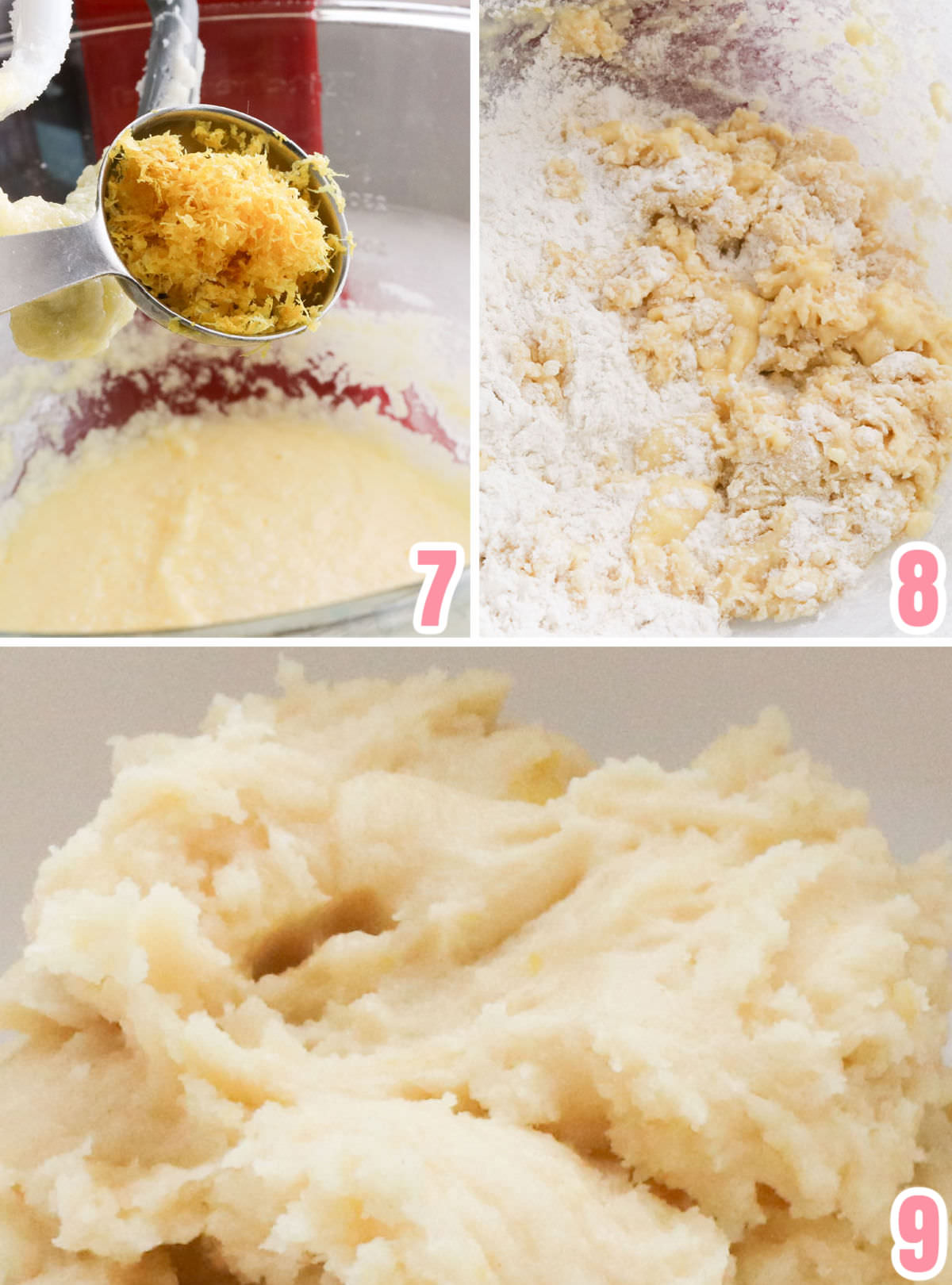 Collage image showing how to add the lemon juice, lemon zest and flour to the Lemon Crinkle Cookie dough.