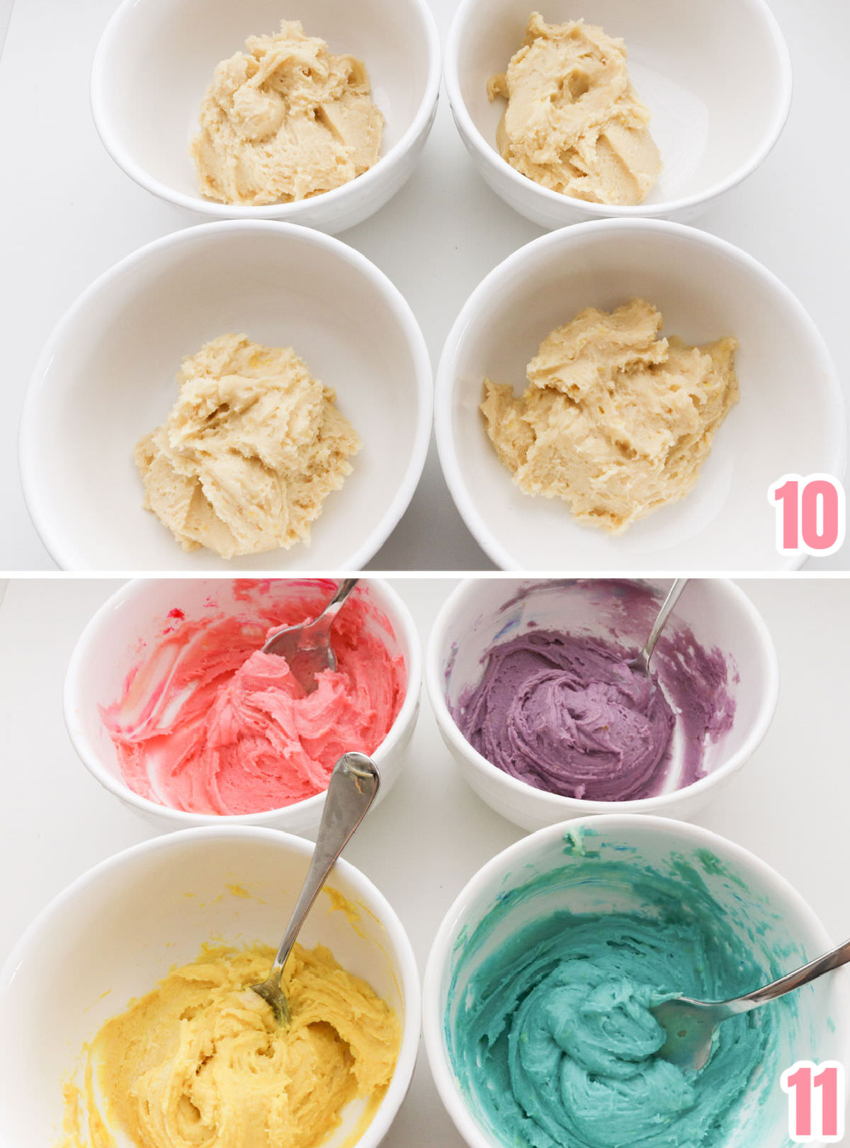 Collage image showing how to tint the Lemon Crinkle Cookie dough pink, purple, yellow and blue.