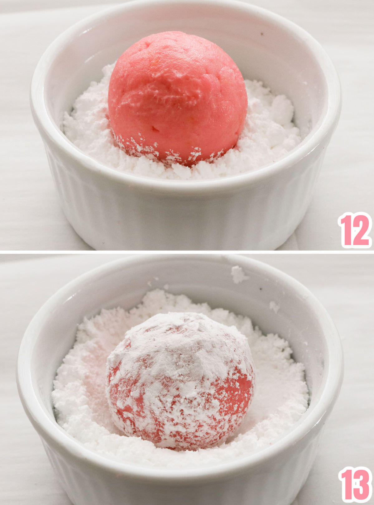 Collage image showing how to roll the Lemon Crinkle Cookie dough in the powdered sugar before you bake them.