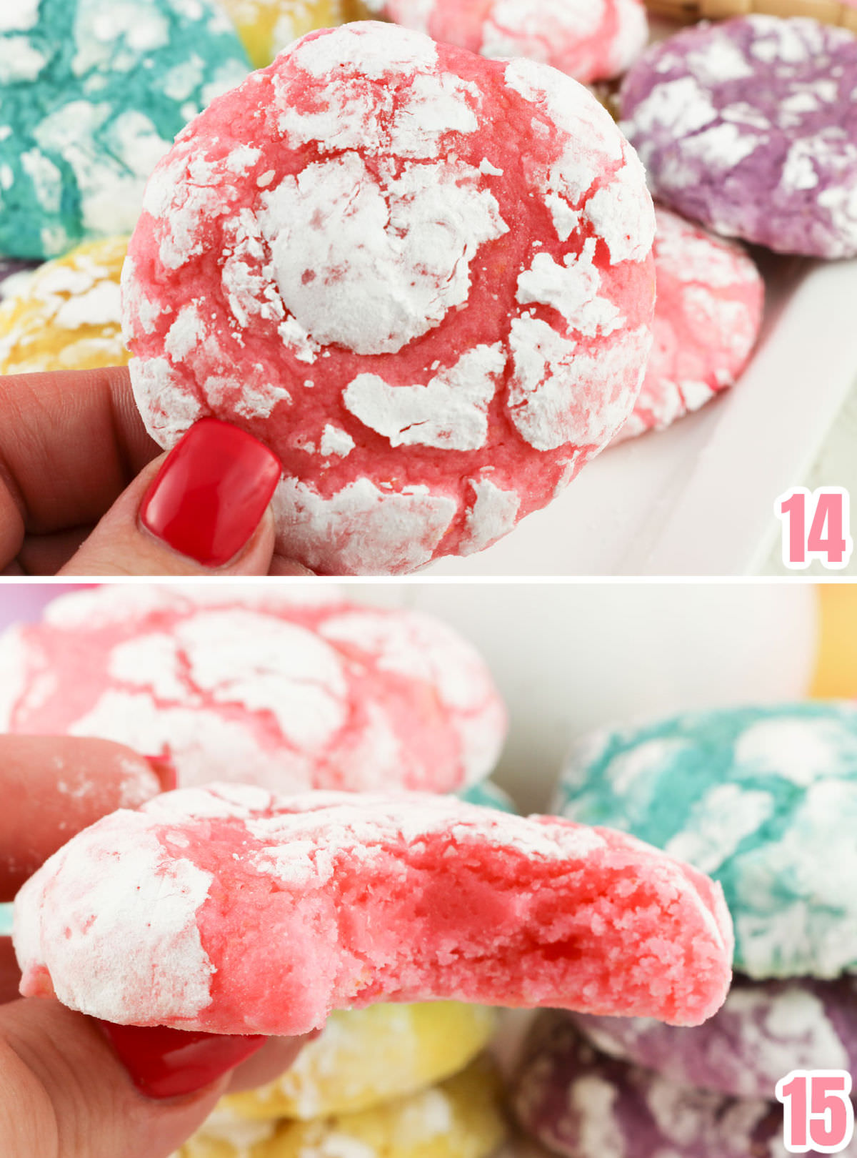 Collage image showing two angles of a Pink Lemon Crinkle Cookie - one showing the top of the cookie and the other showing the inside of the cookie.