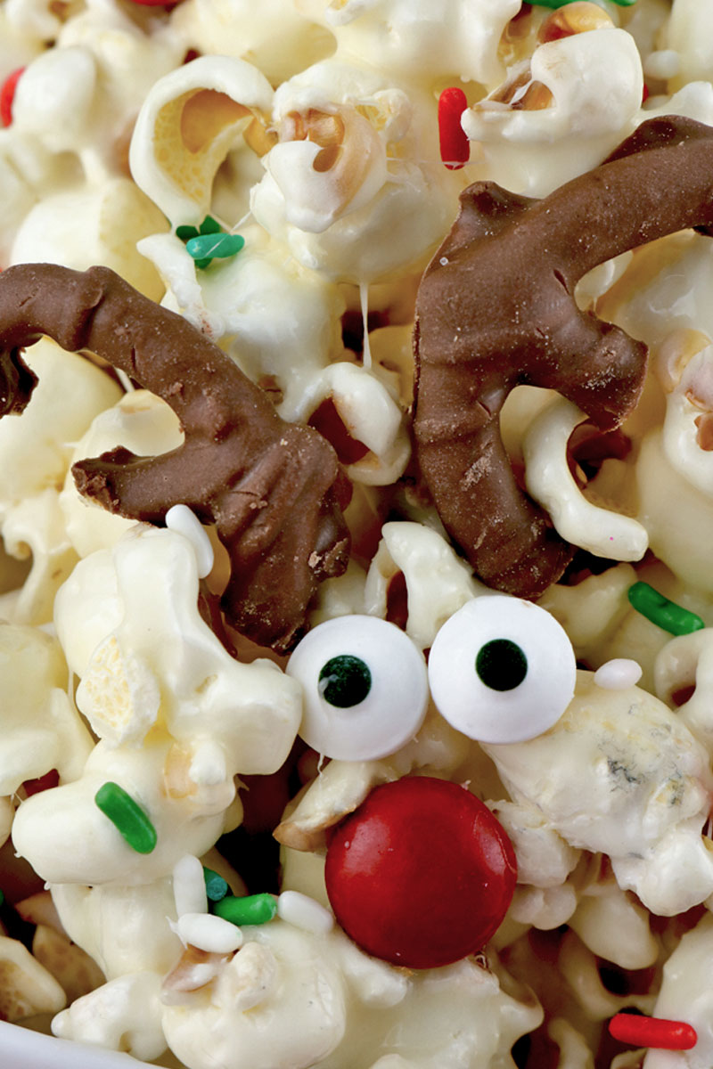 Reindeer Popcorn is sweet, salty, delicious and look at those adorable candy Reindeer! Yum, yum. This is an easy to make, sure to please Christmas Treat.