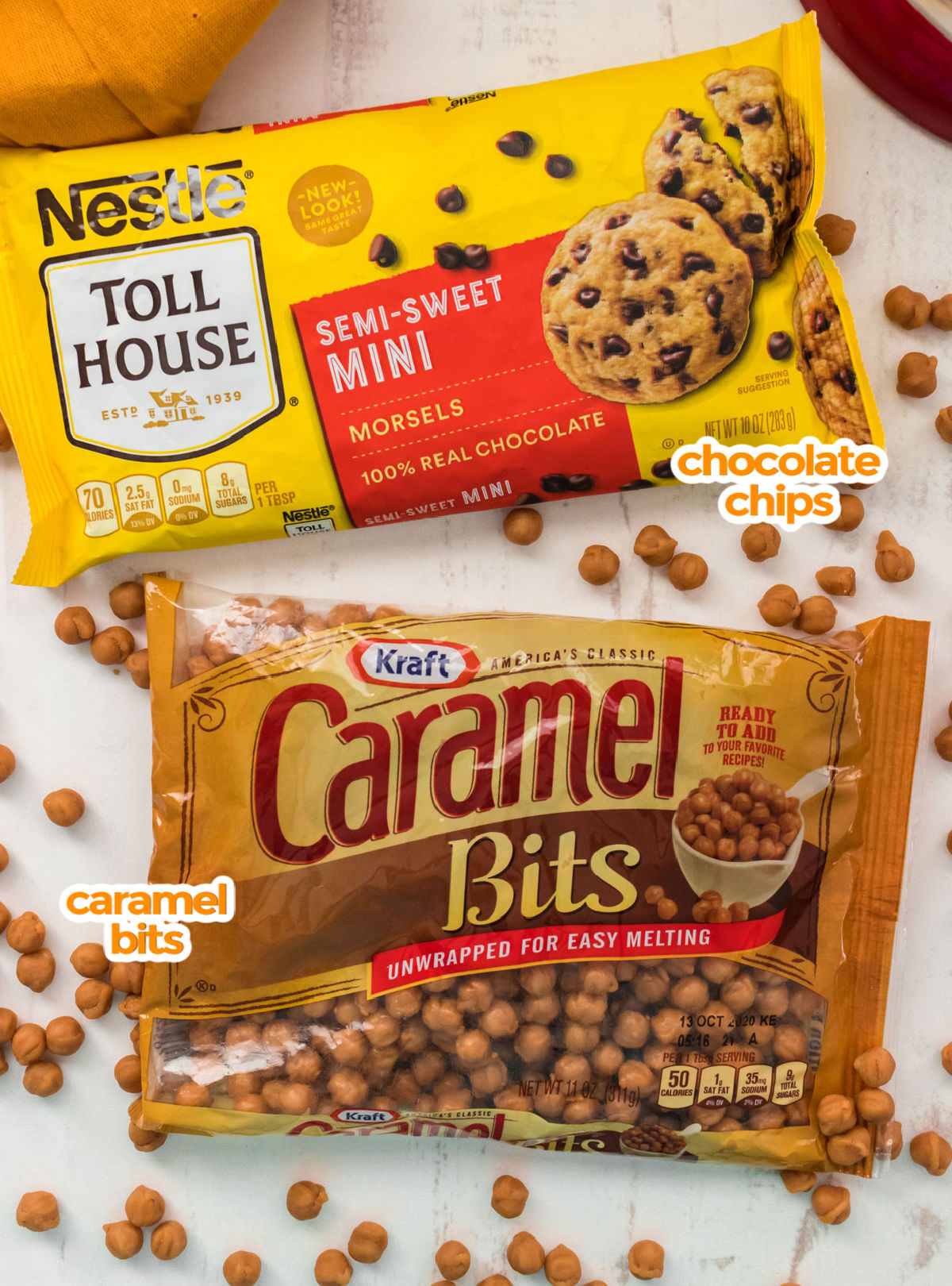 Ingredients you will need to make Caramel Chocolate Chip Cookies including Mini Chocolate Chips and Kraft Caramel Bits.