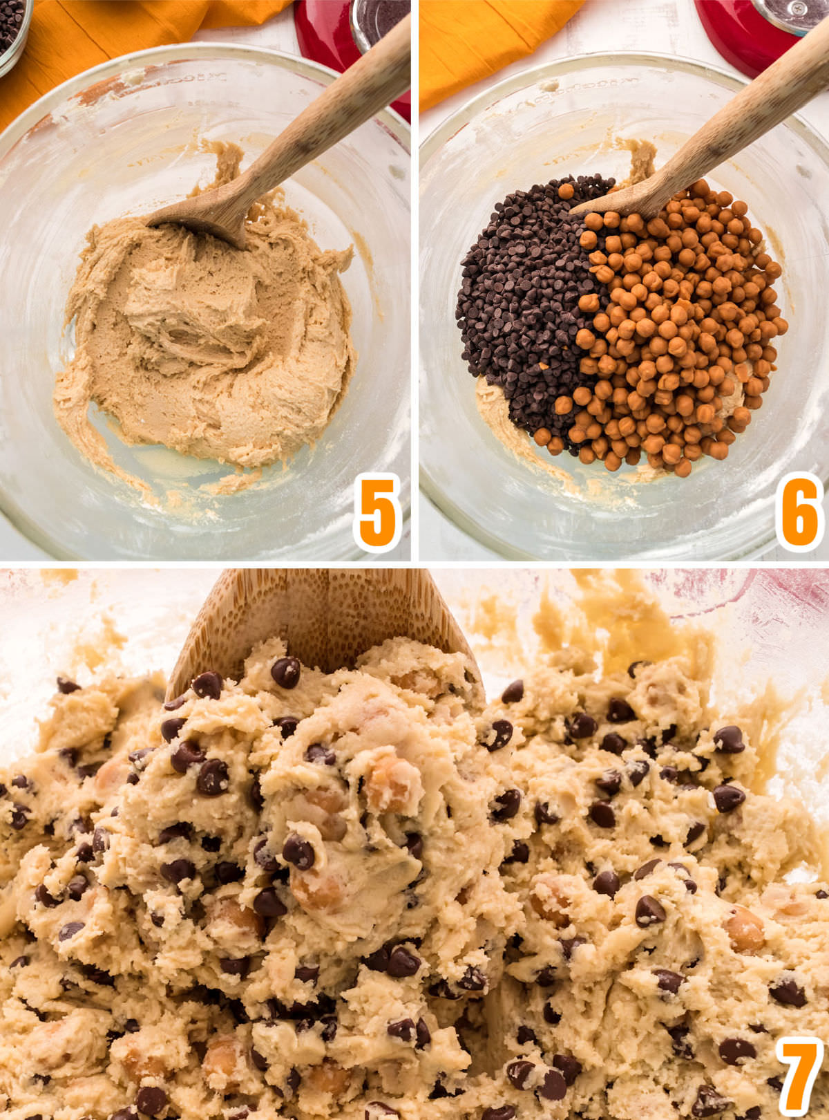 Collage image showing how to add the chocolate chips and the caramel pieces into the cookie dough.