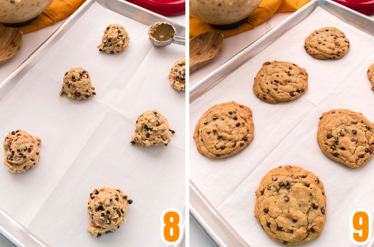 Collage image showing the cookies before going in the oven and after they come out of the oven.