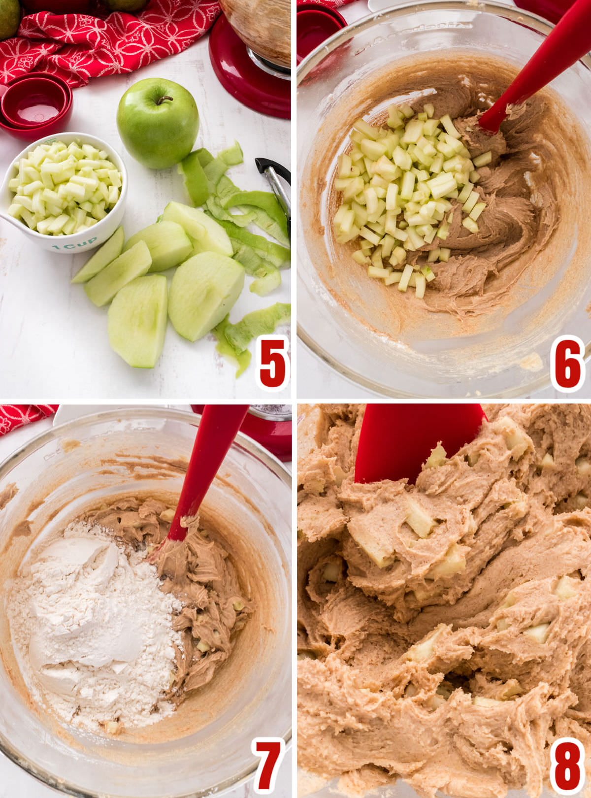 Collage image showing how to add the apples and the dry ingredients into the cookie dough.