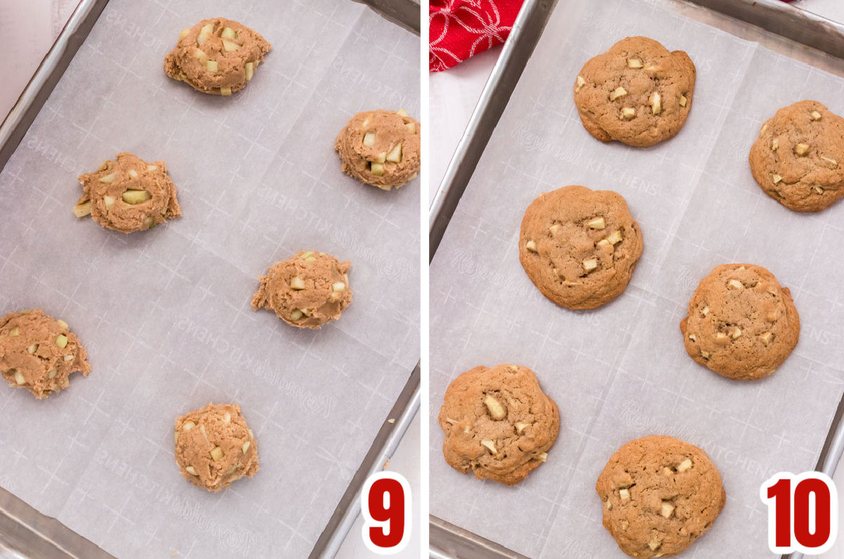 Collage image showing the apple cookie before they go into the oven and after they come out of the oven.